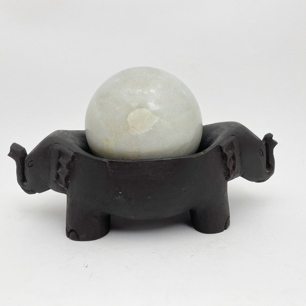 Hand Carved Wood Double Elephant Stand Quartz Stone Sphere Decor